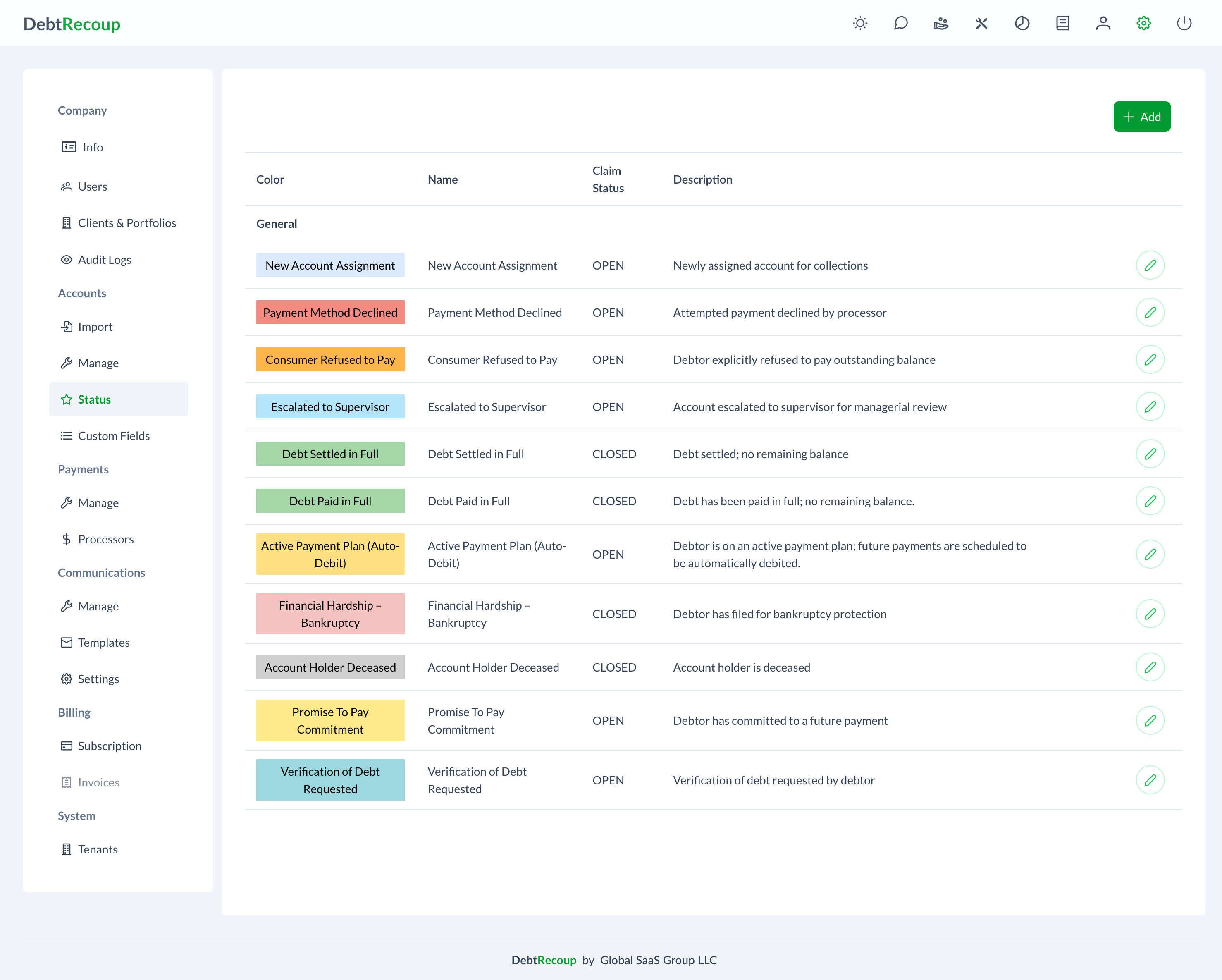 Status Configuration Interface