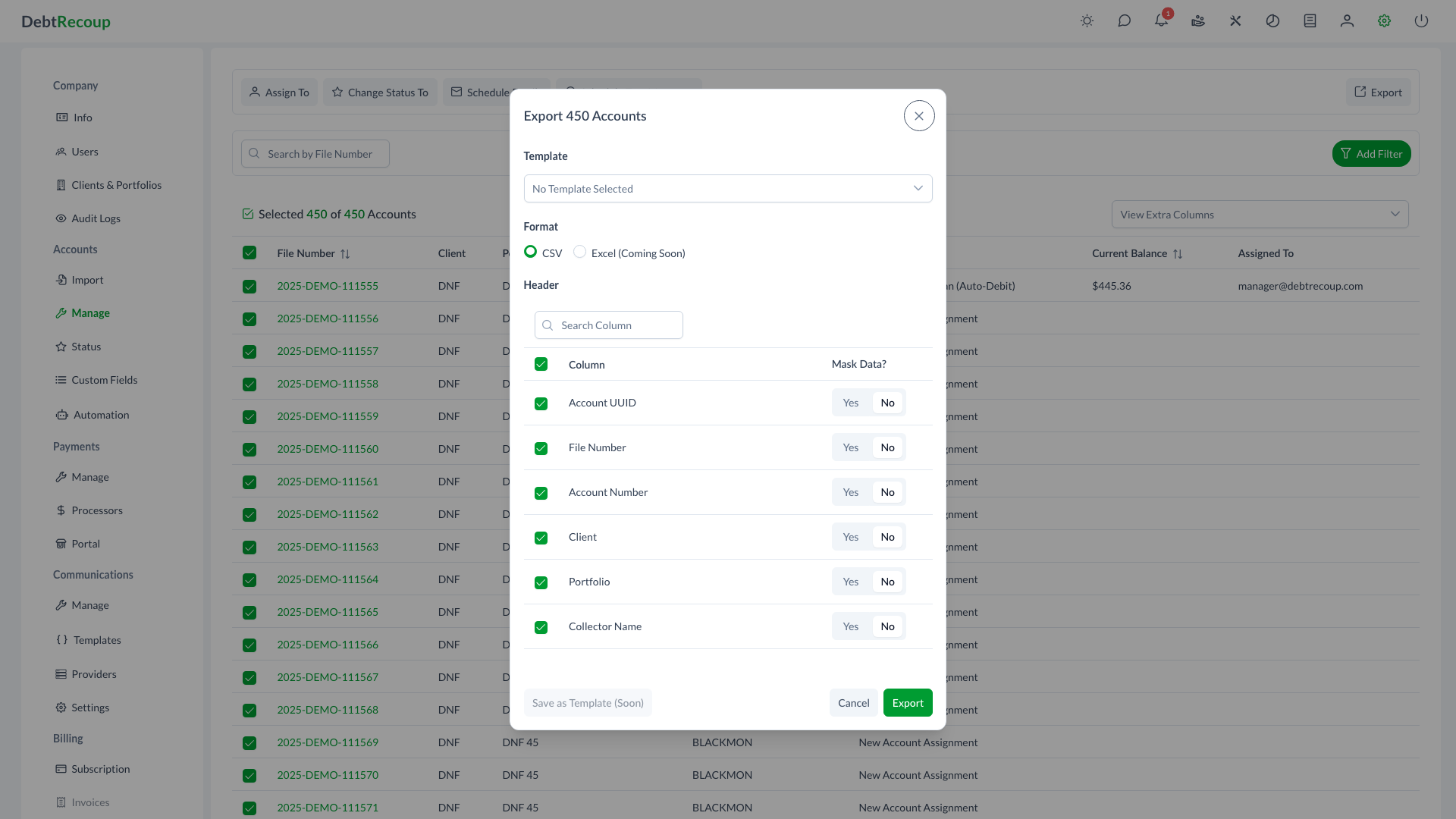 Export Accounts Dialog