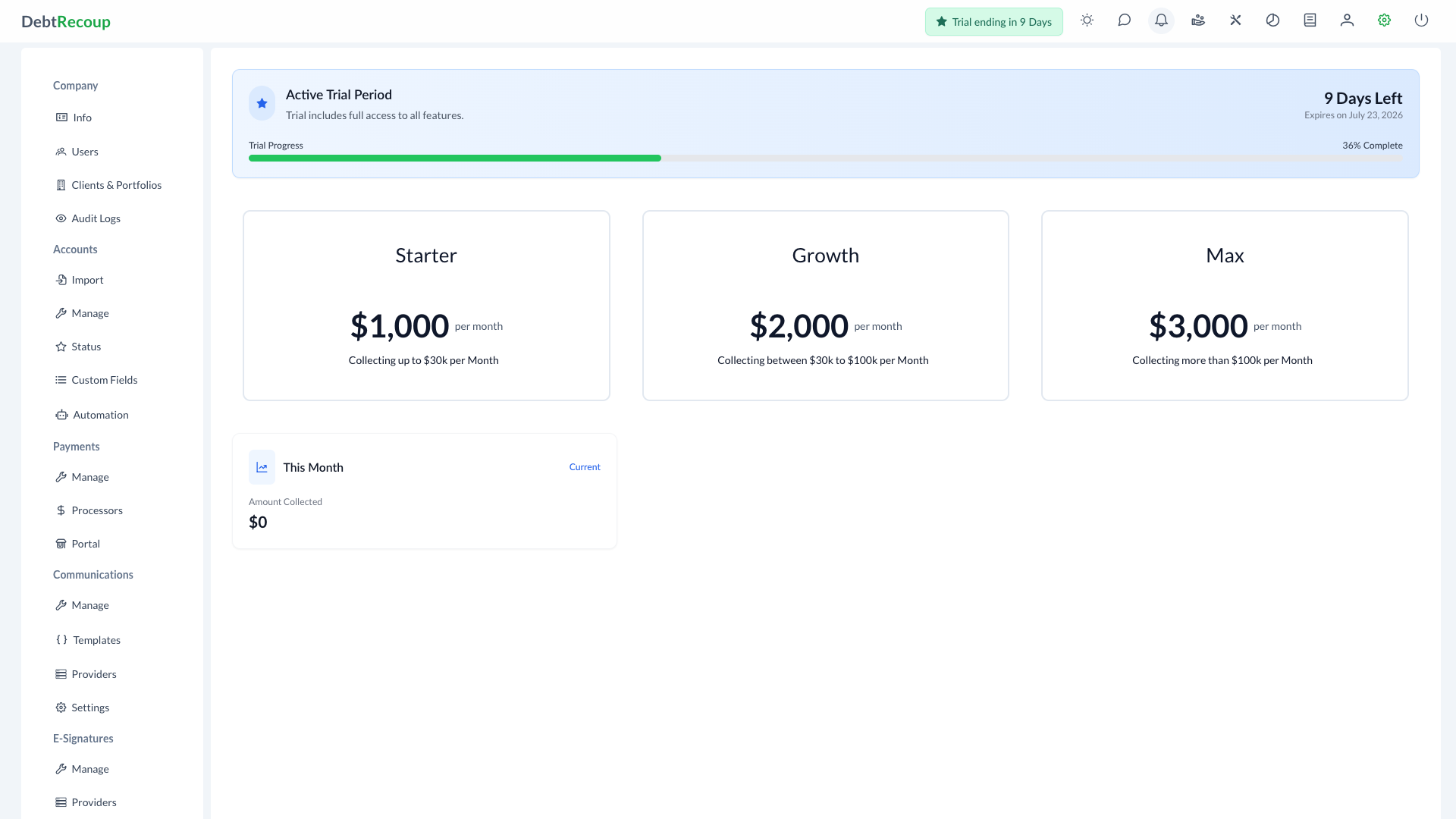 Subscription page showing trial status and plan tiers