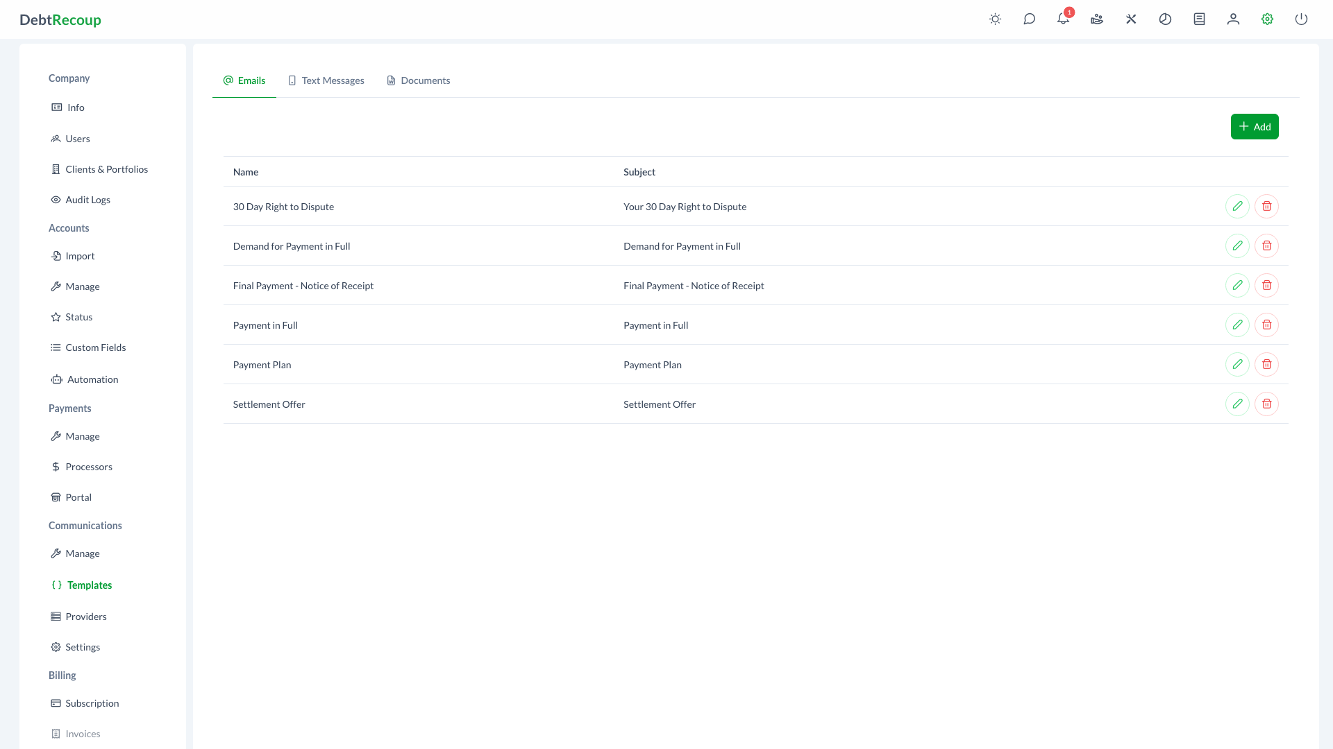 Email Templates Interface