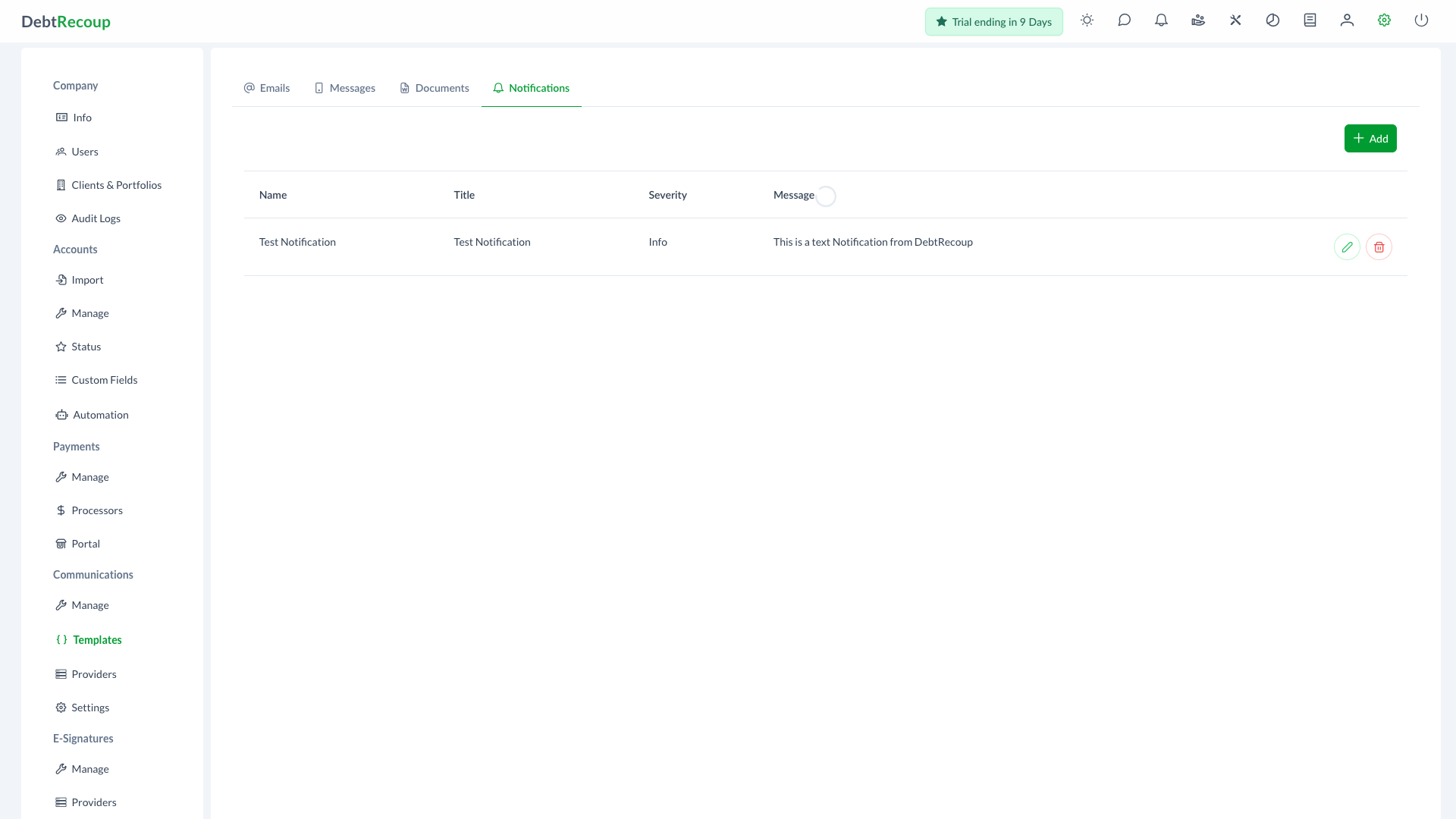 Notification templates list