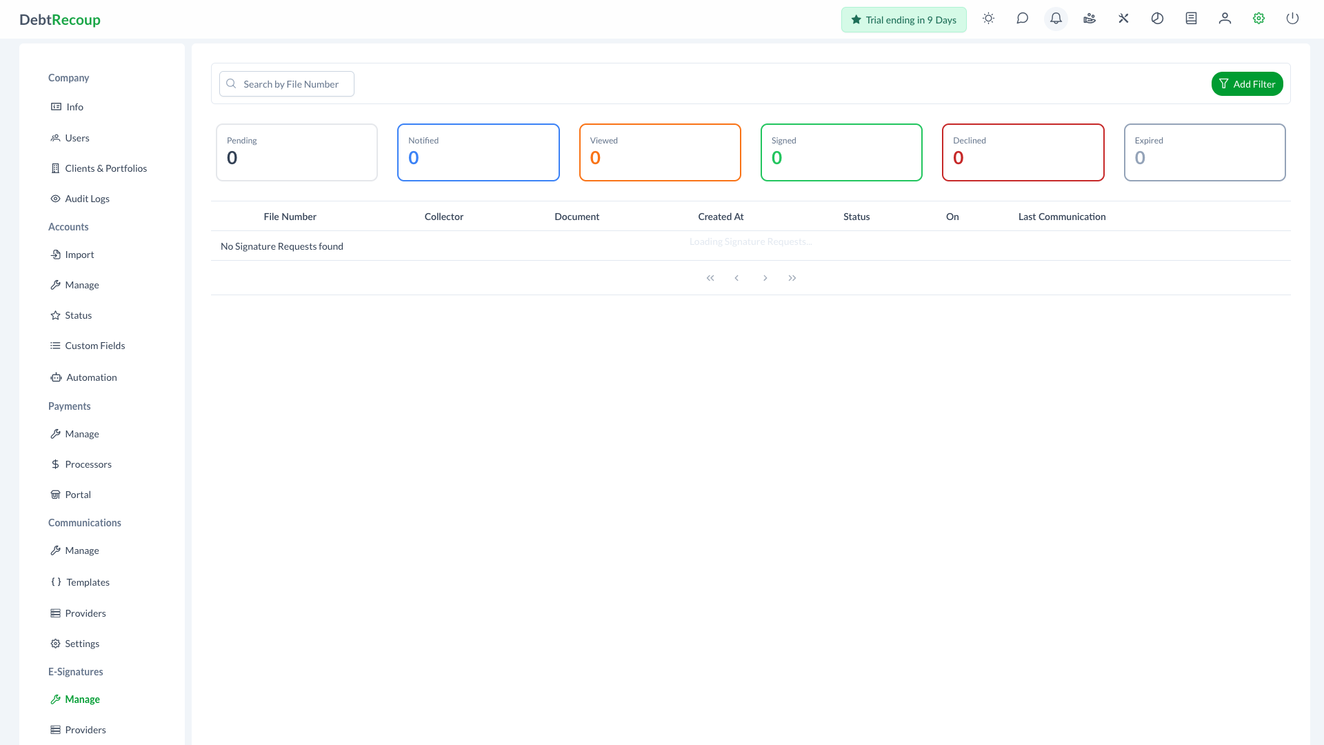 E-Signature request management page