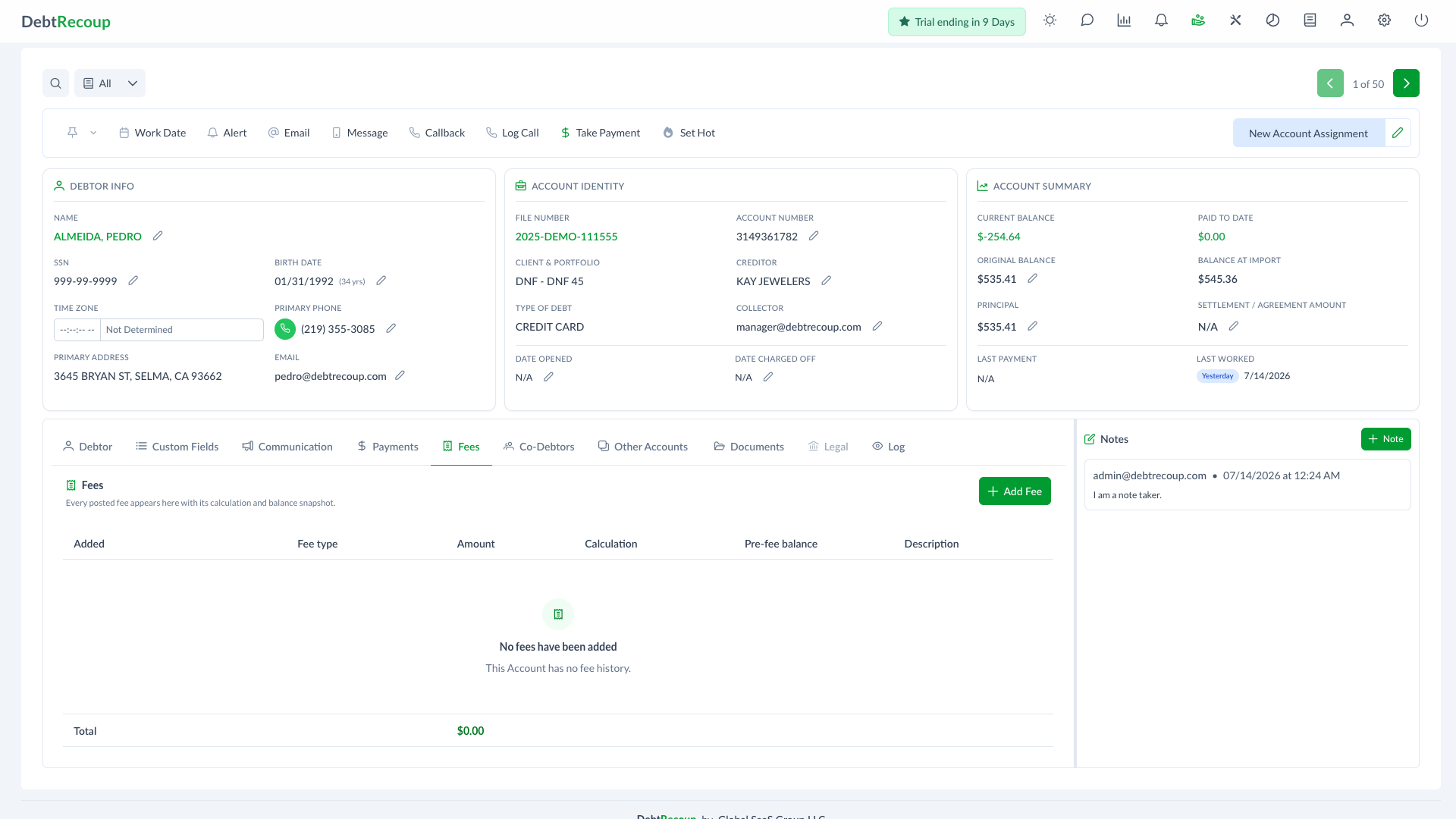 Fees tab in an account